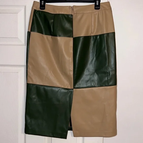 New York & Company Tan & Green Colorblock Faux Leather Pencil Skirt NWT - Picture 5 of 10